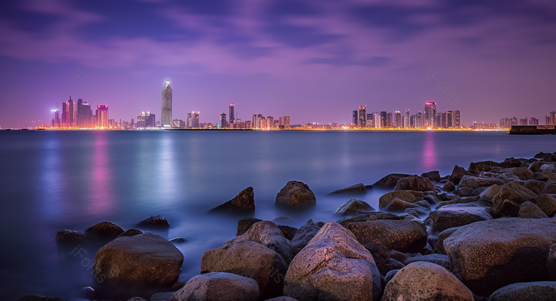夜晚城市都市海面景色礁石石头湾畔,高清,摄影图,摄影图片,图片大全,摄影图免费下载